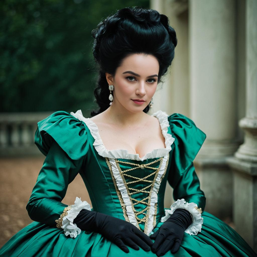 Elegant Woman in 18th-Century Green Satin Gown Outdoors Elegant Woman in 18th-Century Green Satin Gown Outdoors