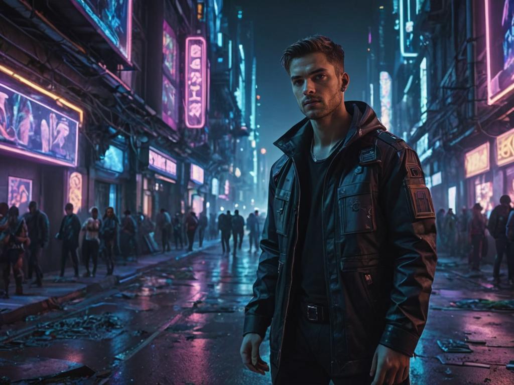 Confident Man in Neon-Lit Cyberpunk Street