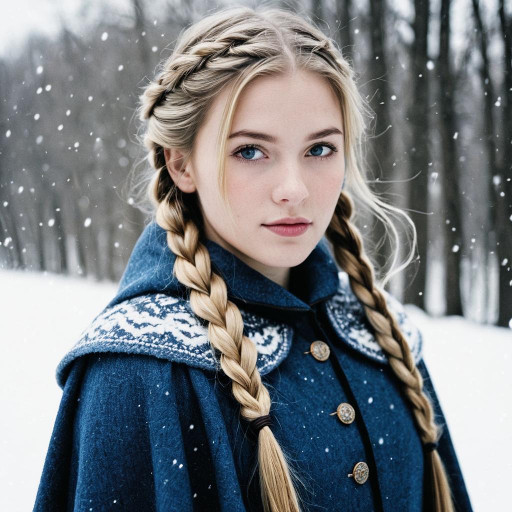Young Woman in Snowy Forest with Nordic Cape Young Woman in Snowy Forest with Nordic Cape