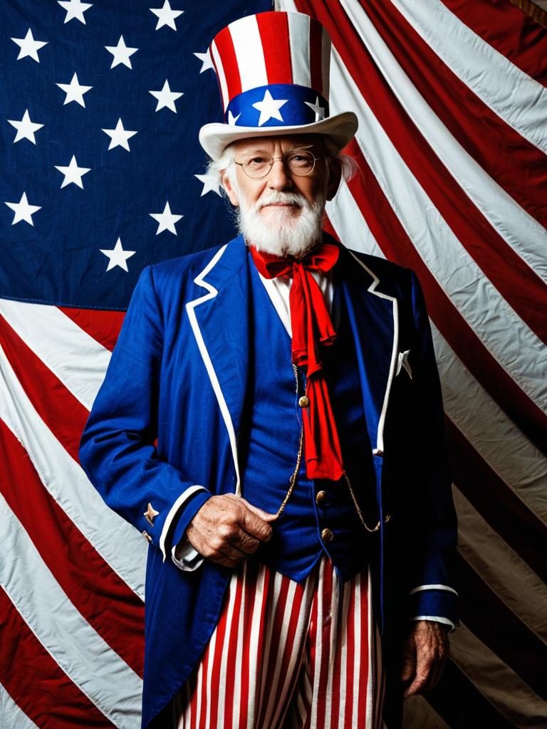 Elderly Man in Patriotic Costume with American Flag