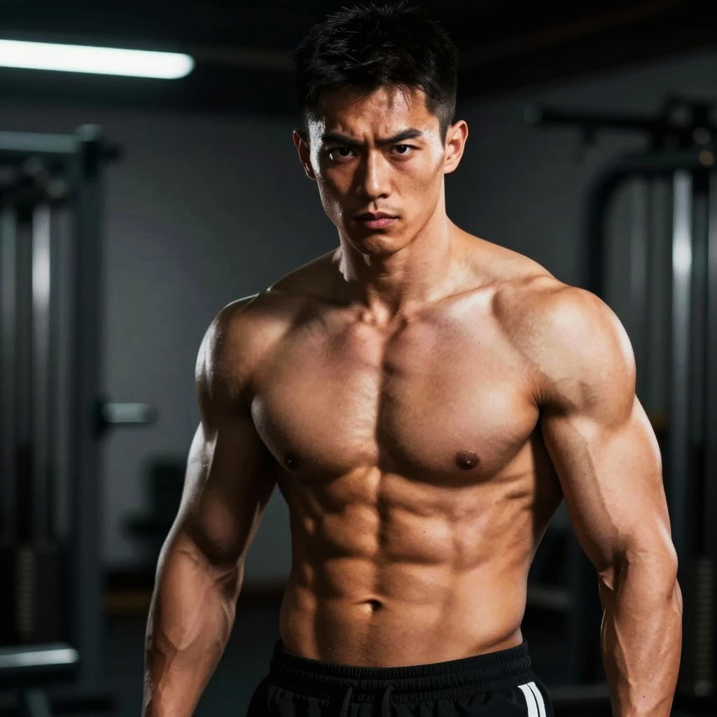 Muscular Young Man Showing Abs in Gym Fitness Workout
