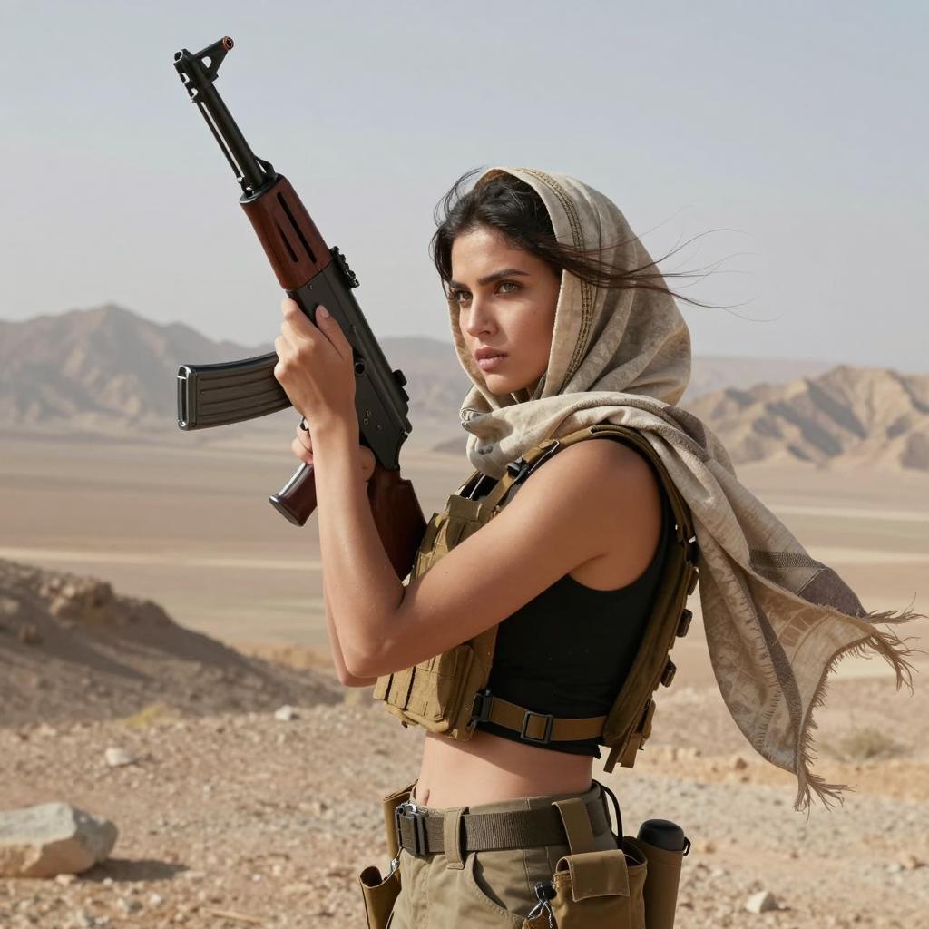Young Woman Soldier in Desert Holding Assault Rifle with Tactical Gear