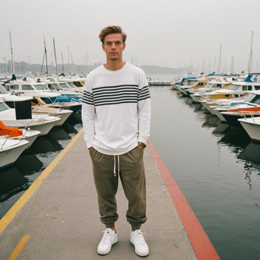 Young Man on Dock in Serene Marina