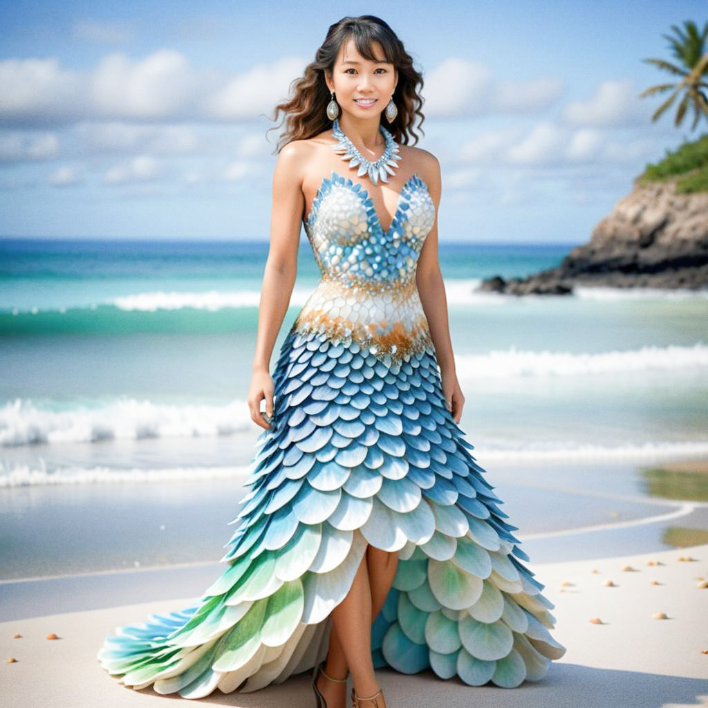 Elegant Woman in Ocean-Inspired Dress on Beach