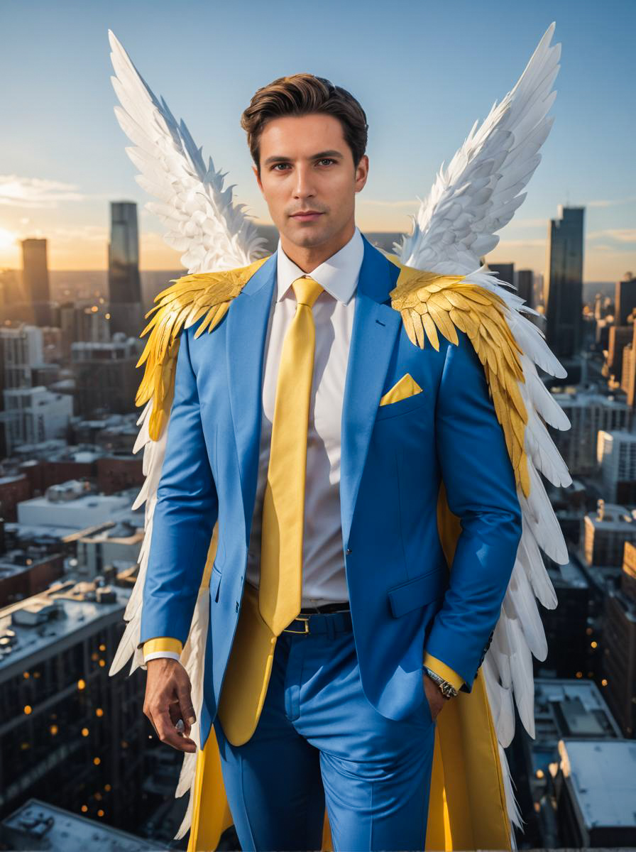 Man in Angel Costume with City Skyline