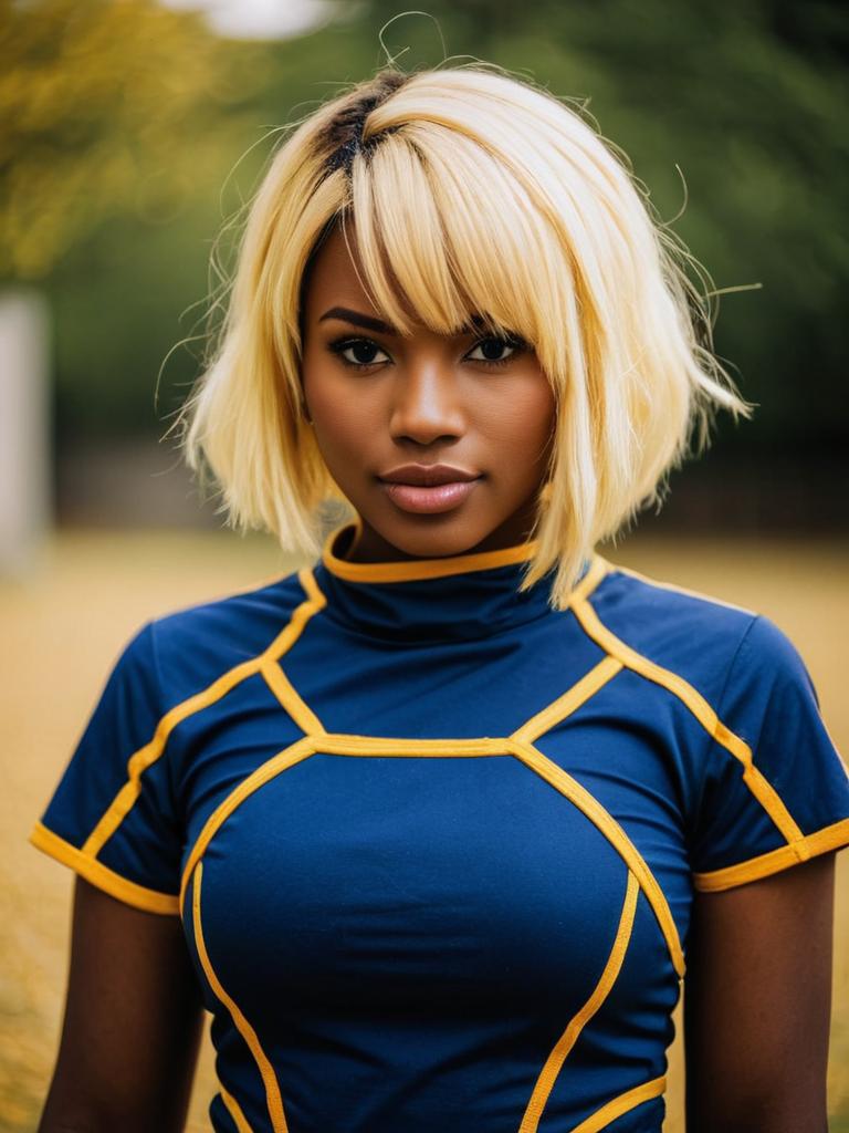 Portrait of Woman with Blonde Bob Haircut in Navy Blue Sportswear