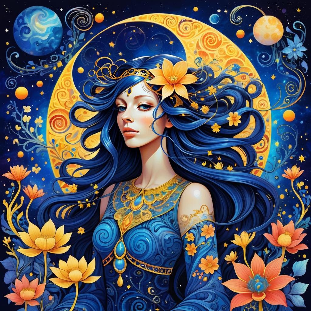 Celestial Woman with Flowing Blue Hair and Golden Flowers Digital Artwork
