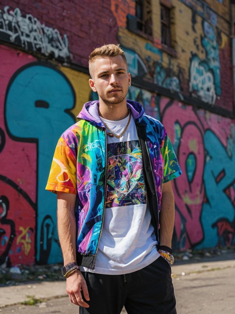 Stylish man in front of vibrant graffiti wall