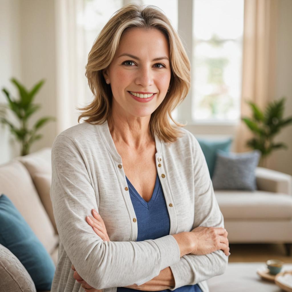 Confident Mature Woman in Cozy Living Room