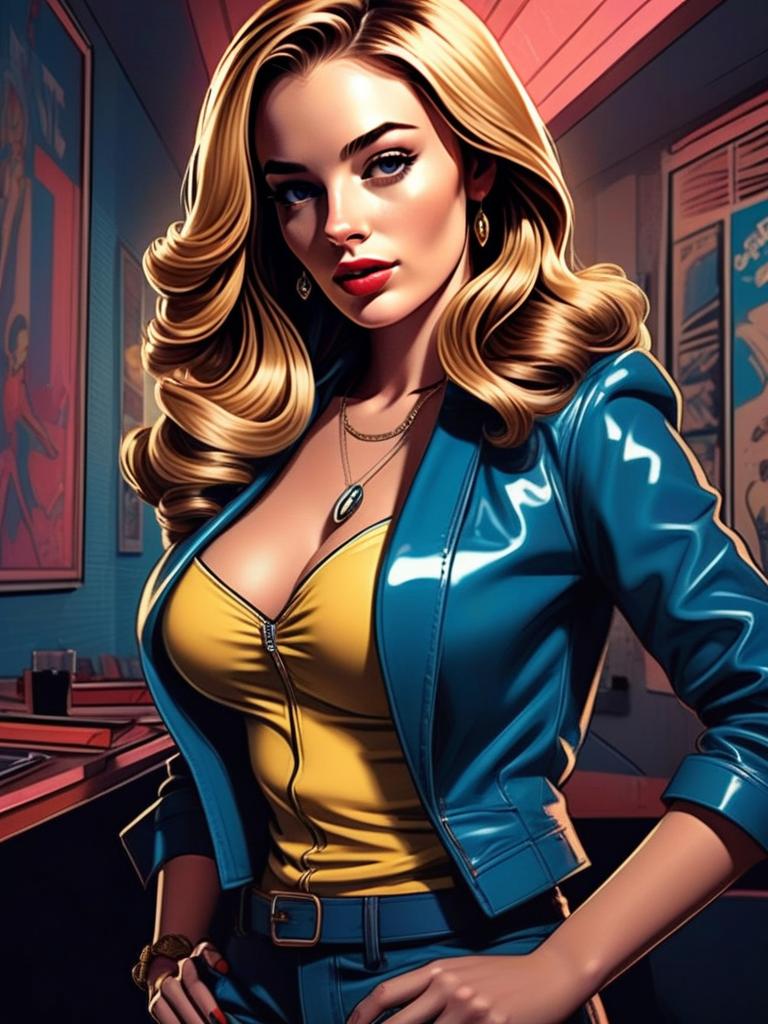 Confident Woman in Blue Jacket and Yellow Top