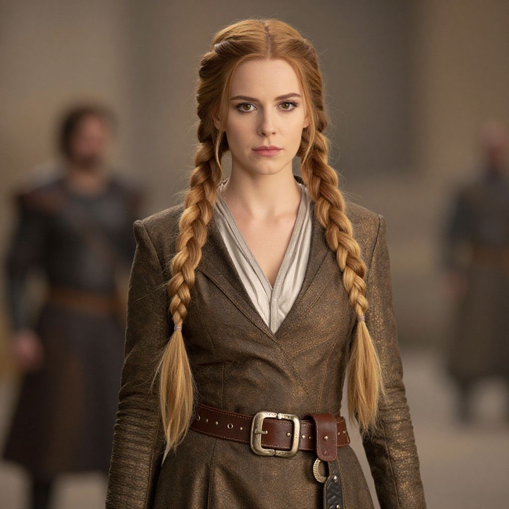 Medieval Fantasy Woman with Braided Red Hair in Leather Jacket