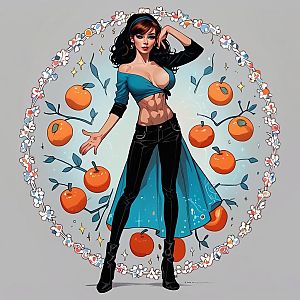 Stylish woman in floral frame with oranges
