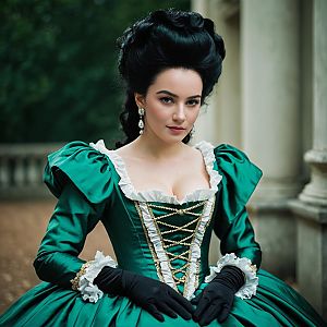 Elegant Woman in 18th-Century Green Satin Gown Outdoors