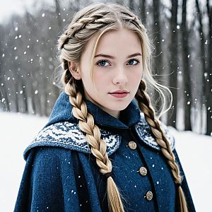 Young Woman in Snowy Forest with Nordic Cape
