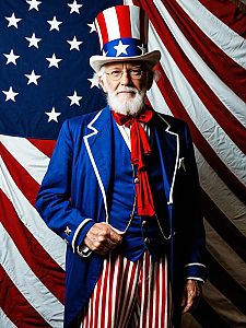 Elderly Man in Patriotic Costume with American Flag