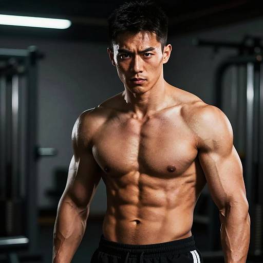 Muscular Young Man Showing Abs in Gym Fitness Workout