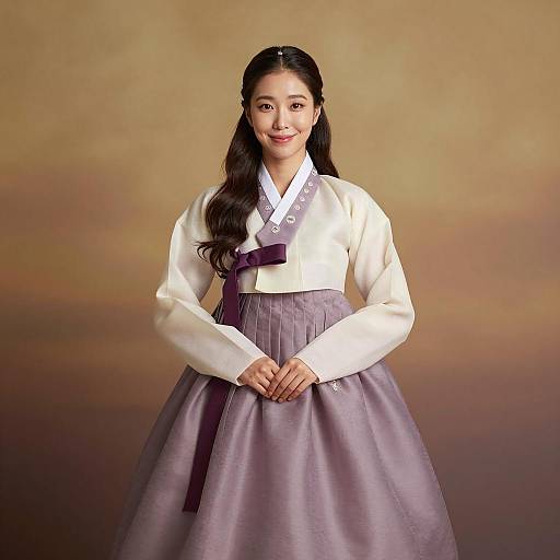 Young Woman Wearing Traditional Korean Hanbok in Soft Lavender and Cream