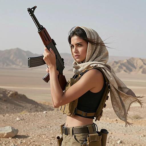 Young Woman Soldier in Desert Holding Assault Rifle with Tactical Gear