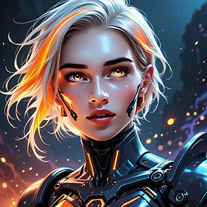 Futuristic Woman in Black Armor with Amber Eyes