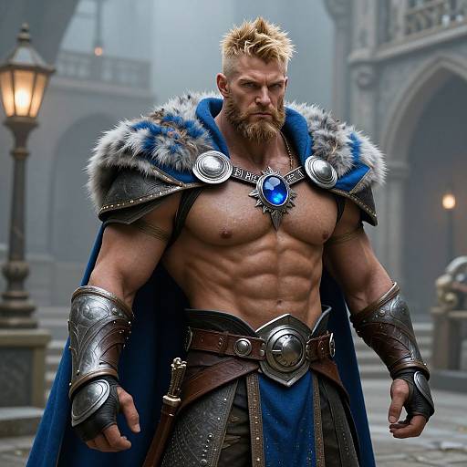 Fantasy Warrior Man in Blue Fur-Lined Cape and Armor with Blue Gem Amulet