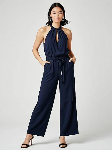 Minimalist Chic Navy Sleeveless Halter Neck Jumpsuit for Women