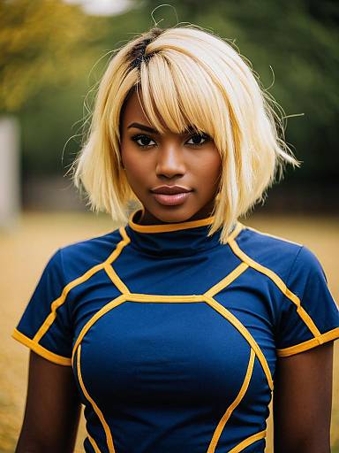 Portrait of Woman with Blonde Bob Haircut in Navy Blue Sportswear
