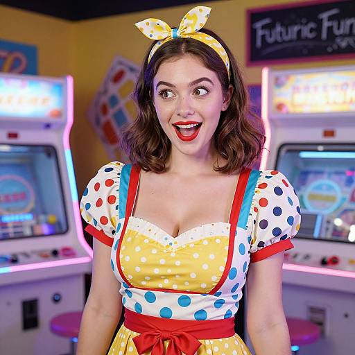 Cheerful Woman in Retro Polka Dot Outfit at Colorful Arcade