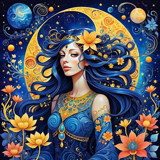 Celestial Woman with Flowing Blue Hair and Golden Flowers Digital Artwork