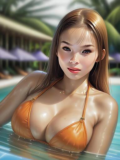 Photorealistic Digital Portrait of Woman in Orange Bikini in Pool