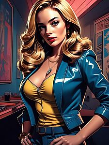 Confident Woman in Blue Jacket and Yellow Top