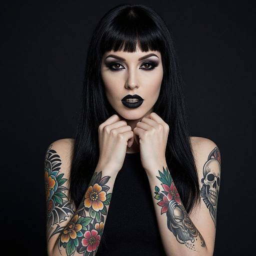Gothic Woman with Colorful Floral and Skull Tattoos and Bold Makeup