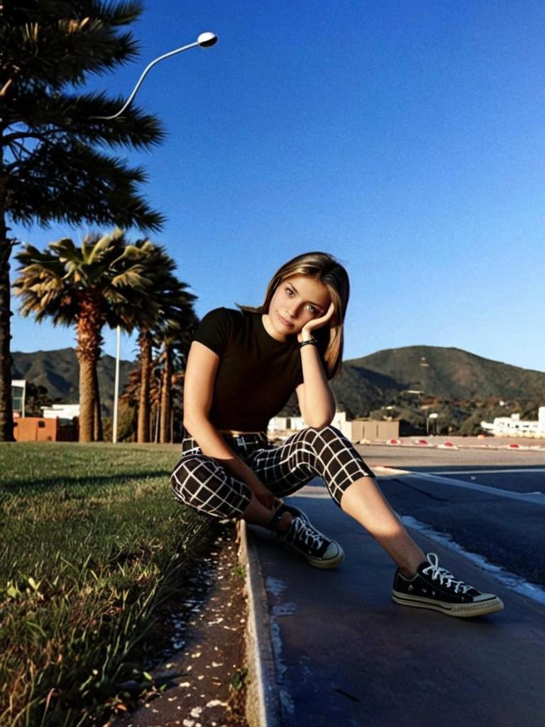 Stylish Young Woman by Roadside with Palm Trees