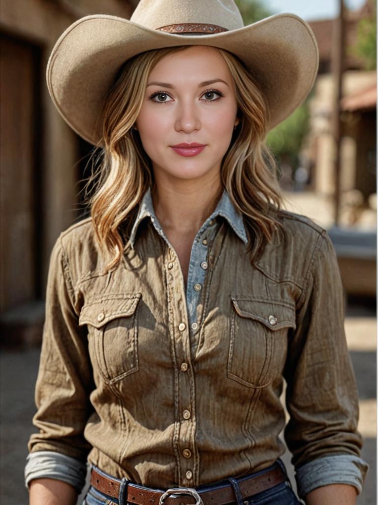 Confident woman in cowboy hat and denim shirt