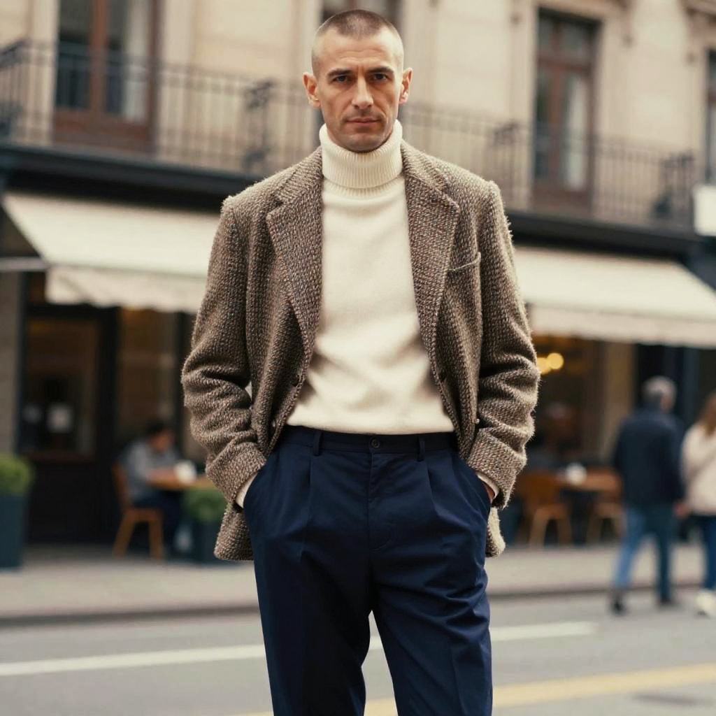 Modern Stylish Man in Brown Blazer and Turtleneck on City Street