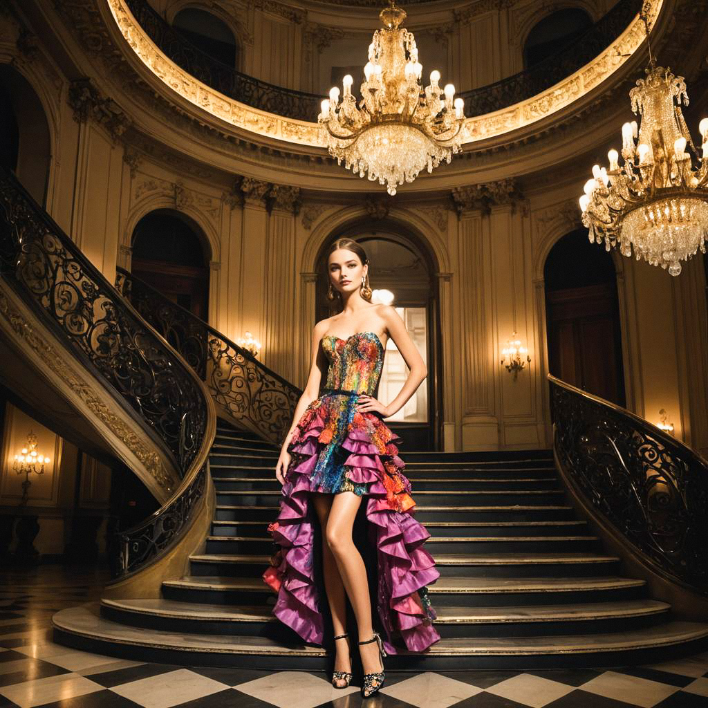 Confident Woman at Grand Staircase in Elegant Dress