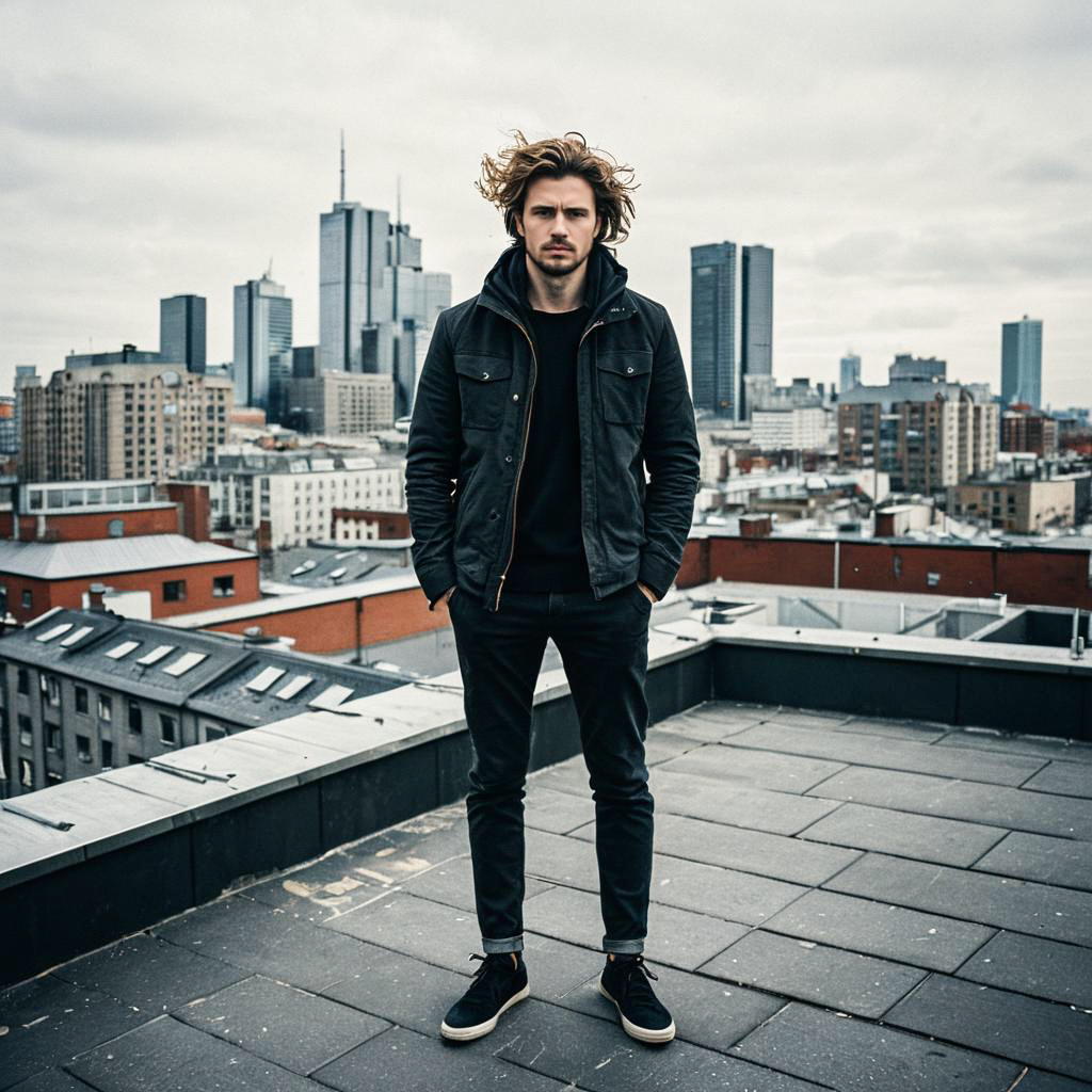 Young Man on Urban Rooftop with City Skyline Young Man on Urban Rooftop with City Skyline