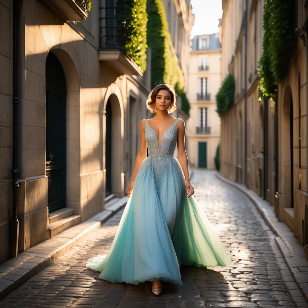 Elegant Woman in Light Blue Gown on Cobblestone Street