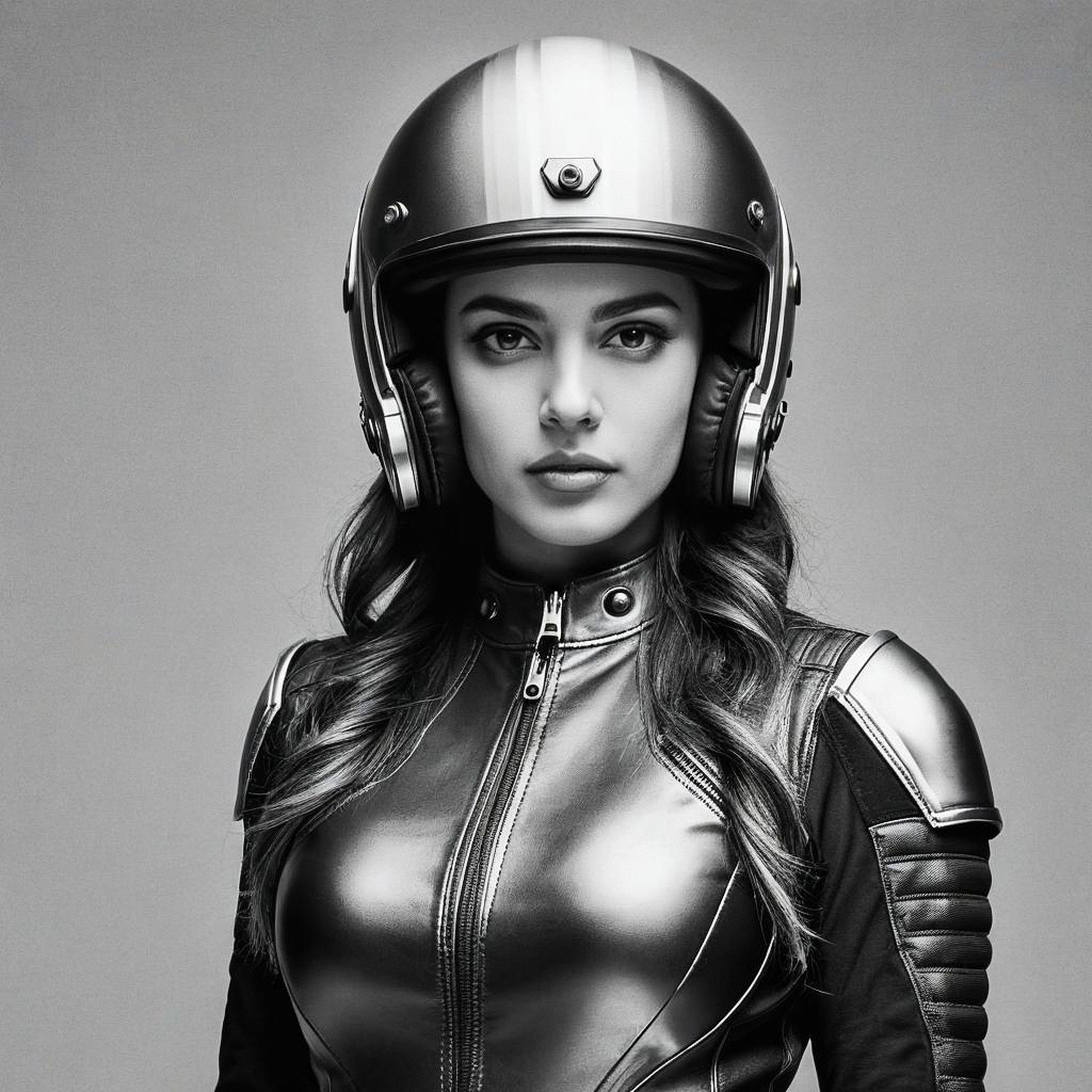 Confident Woman in Metallic Helmet and Leather Jacket Confident Woman in Metallic Helmet and Leather Jacket
