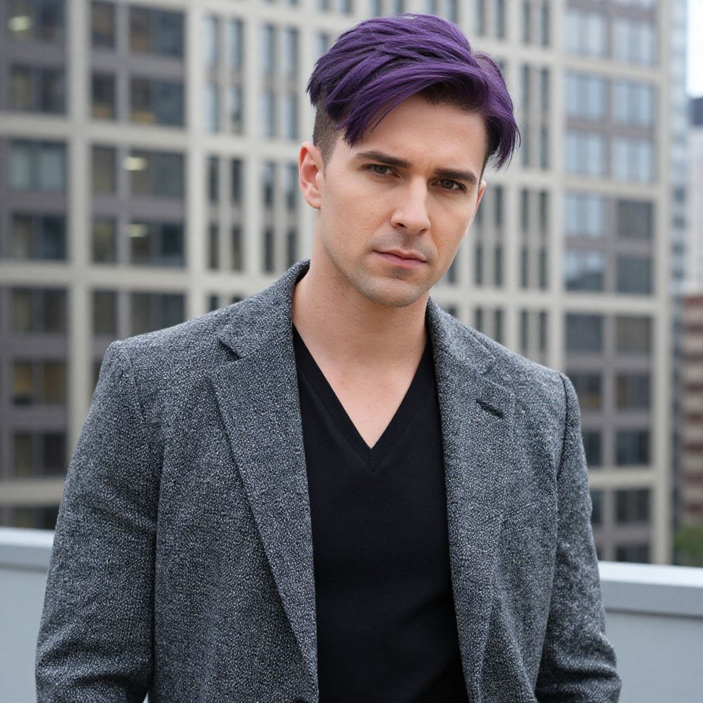 Young Man with Purple Hair in Gray Blazer on Urban Rooftop