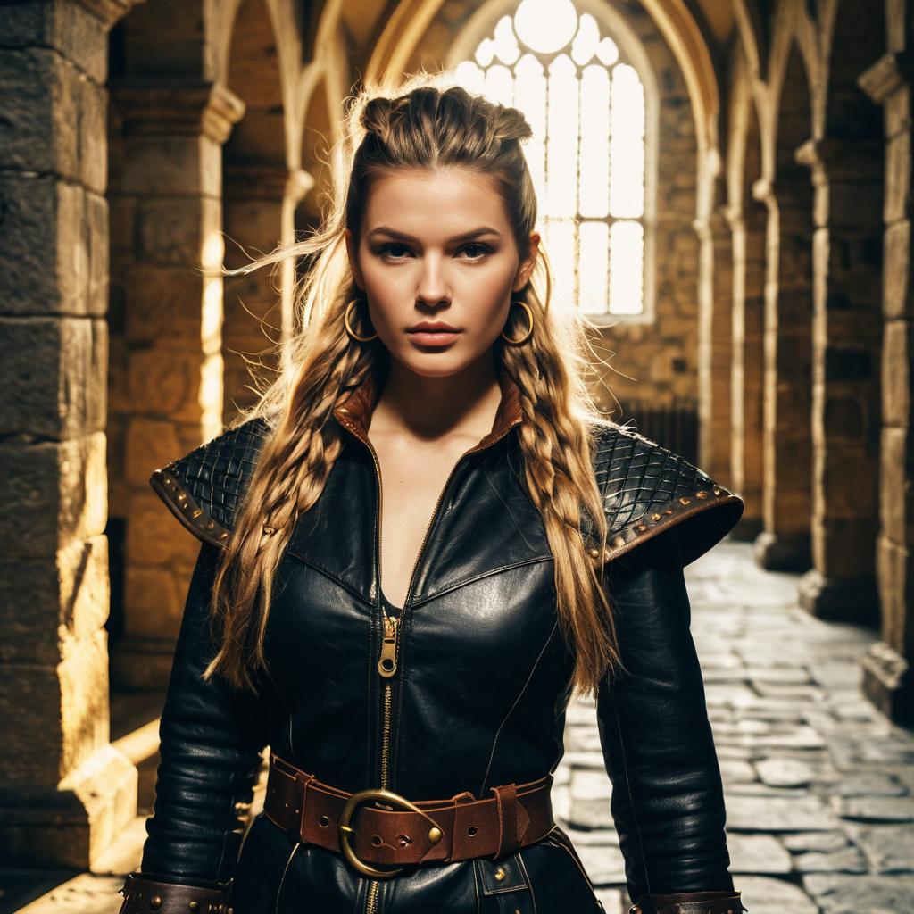 Medieval Warrior Woman in Black Leather Armor with Braided Hair in Gothic Stone Corridor