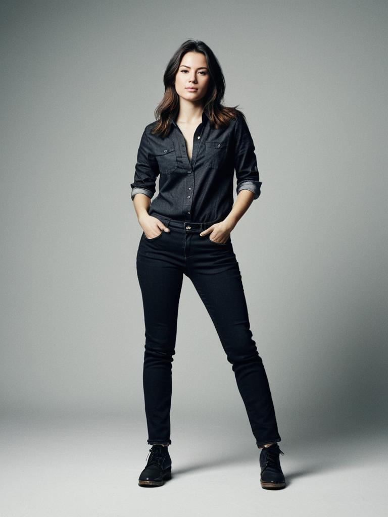 Woman in Black Jeans with Shirt Outfit Photorealistic Studio Portrait