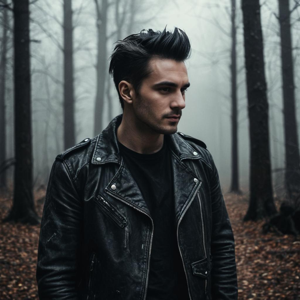 Young Man in Black Leather Jacket in Foggy Forest