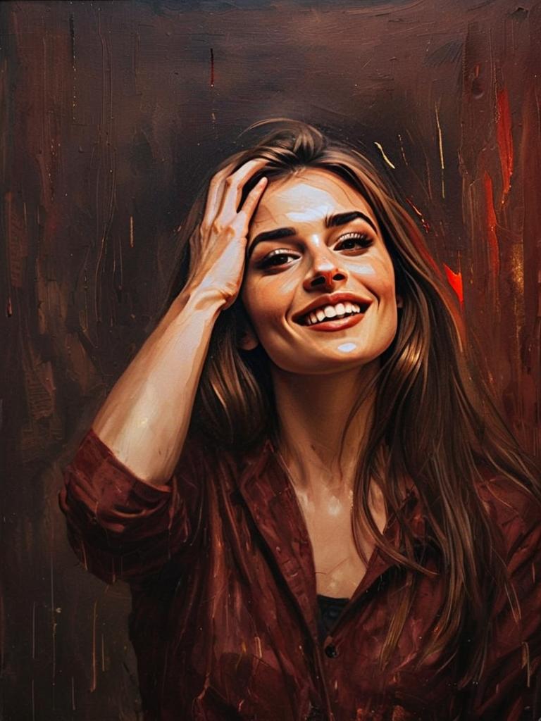 Portrait of Smiling Woman in Dark Red Shirt Digital Painting