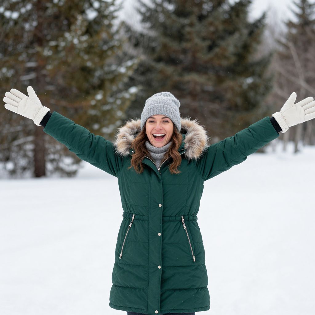 Happy Woman in Green Parka Enjoying Snowy Winter Outdoors