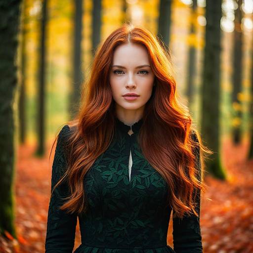 Red-Haired Woman in Autumn Forest with Leaf-Patterned Dress