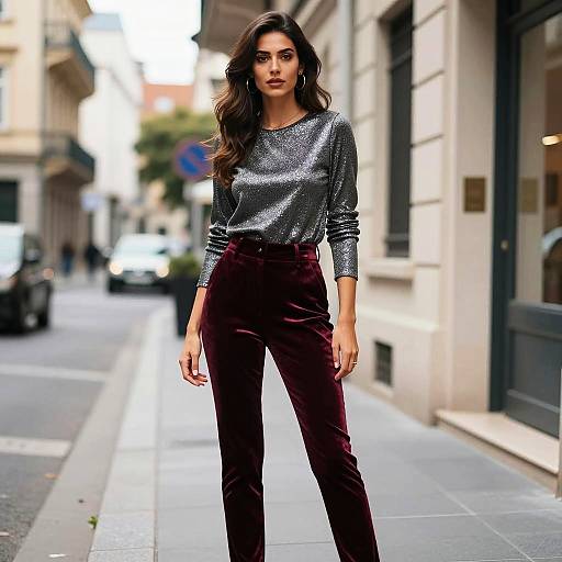 Trendy Woman Wearing Shimmering Silver Top and Burgundy Velvet Pants in Urban Street Style