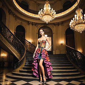 Confident Woman at Grand Staircase in Elegant Dress