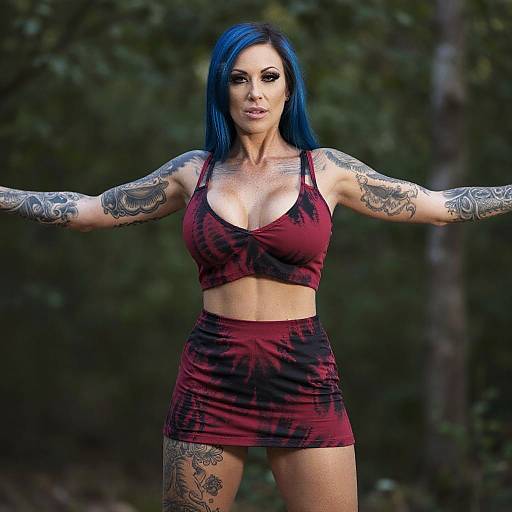 Tattooed Woman in Red Black Tie-Dye Outfit with Blue Hair Outdoors