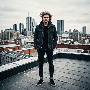 Young Man on Urban Rooftop with City Skyline