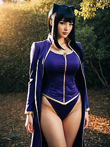 Sexy Woman Cosplaying Nico Robin Anime Character in Detailed Purple Costume